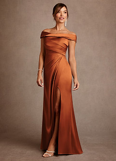 Azazie Bedford Mother of the Bride Dresses Cinnamon Sheath Pleated Stretch Satin Dress image2