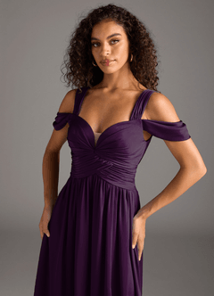Azazie Lianne Bridesmaid Dresses Grape A-Line Off the Shoulder Stretch Satin Dress image3