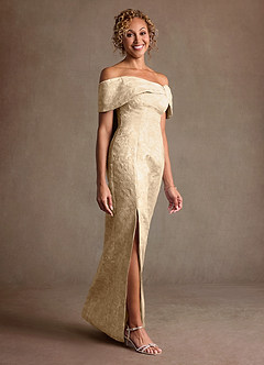 Azazie Zion Mother of the Bride Dresses Champagne Sheath Off the Shoulder Floral Jacquard Dress image3