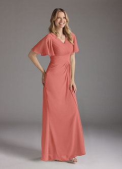 Azazie Morning Glory Mother of the Bride Dresses Salmon Pink A-Line V-Neck Ruched Chiffon Dress image3