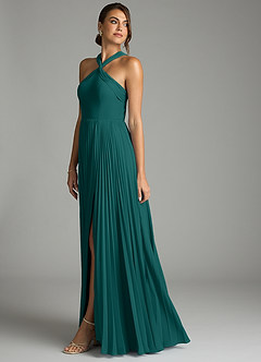 Azazie Afra Abiti da Damigella Abito A-Line in Chiffon Plissettato Verde Pavone image4