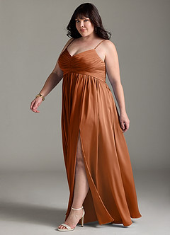Azazie Alia Bridesmaid Dresses Copper A-Line Pleated Stretch Satin Dress image13