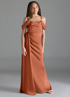 Azazie Amyra Junior Cedar Rose Sheath Off the Shoulder Stretch Satin Dress image3