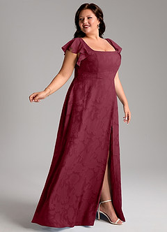 Azazie Bondi Bridesmaid Dresses Burgundy A-Line Side Slit Floral Burnout Dress image9