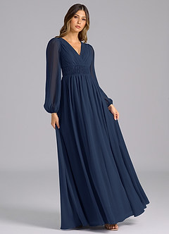 Azazie Palerma Robes de demoiselle d'honneur Robe Trapèze en Mousseline de soie Manche longue Bleu Marine Foncé image4