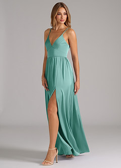 Azazie Aaida Bridesmaid Dresses Aqua A-Line Corset Stretch Satin Dress image3