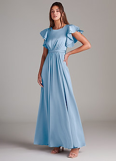 Azazie Daphne Bescheiden Bruidsmeisjekleding A-Lijn Ruches Stretch Satijn Vloerlengte Jurk image4