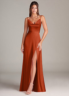 Azazie Sarella Bridesmaid Dresses Paprika A-Line with Pockets Metallic Satin Dress image1