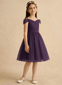 Azazie Lila Girls Formal Robe Demoiselle D'honneur Fillette Robe Trapèze en Tulle Épaule décolletée Prune image5