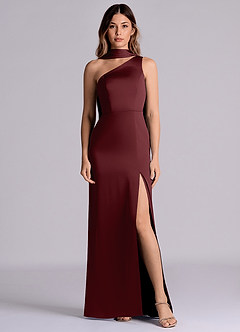 Azazie Philana 신부 들러리 드레스 A라인 한쪽 어깨 스트레치 새틴 바닥 길이 드레스 image1