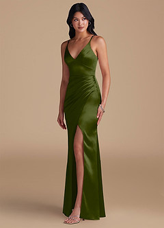 Azazie Shania Bridesmaid Dresses Olive Sheath Pleated Metallic Satin Dress image6