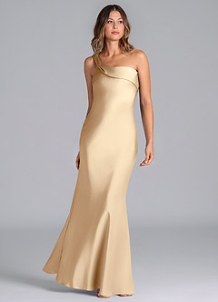 Azazie Driea Bridesmaid Dresses Champagne Mermaid One Shoulder Stretch Satin Dress image3