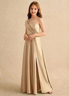 Azazie Puddles Girls Formal Robe Demoiselle D'honneur Fillette Robe Trapèze en Satin extensible Une épaule Champagne image4