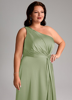 Azazie Brooke Bridesmaid Dresses Dusty Sage A-Line One Shoulder Stretch Satin Dress image13