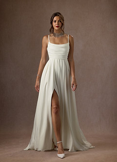 Azazie Caymus Wedding Dresses Cream A-Line Scoop Pleated Crepe Back Satin Dress image4