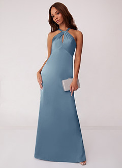 Barbie ♥ Azazie Bridesmaid Dresses Dusty Blue Sheath Stretch Satin Dress image1