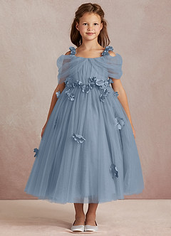 Azazie Shaylee Robe Demoiselle D'honneur Fillette Robe Trapèze en Tulle Épaule décolletée Bleu Poussiéreux image3