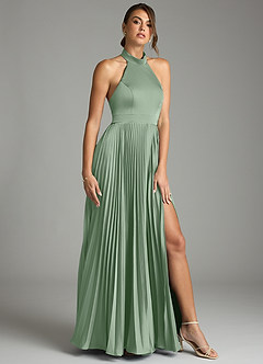 Azazie Zienna Venta Final Vestido de Matcha de Satén Elástico de Corte en A con Plisado image1