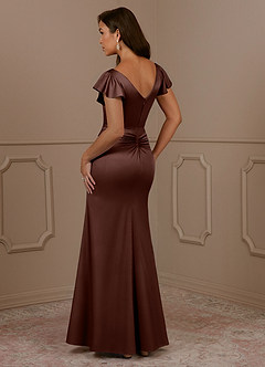Azazie Roya Mother of the Bride Dresses Espresso Mermaid V-Neck Pleated Stretch Satin Dress image3