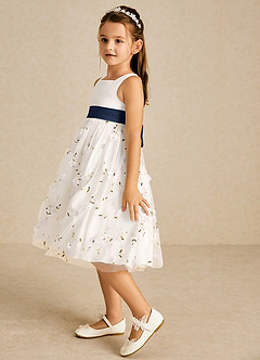 Azazie Pollie Flower Girl Dresses Ivory Dark Navy A-Line Bow Tulle Dress image5
