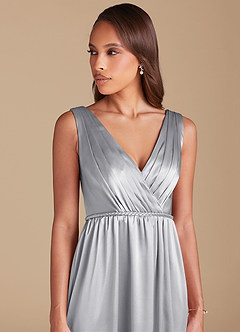 Azazie Tanicia Bridesmaid Dresses Silver A-Line Pleated Metallic Satin Dress image2