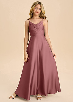 Azazie Bug Junior A-Line Plisseret Stræk satin Gulv-længde Junior brudepige Kjole image5