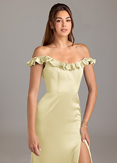 Azazie Callie At-home Try On Dresses Dusty Rose A-Line Ruched Stretch Satin Convertible Dress image8