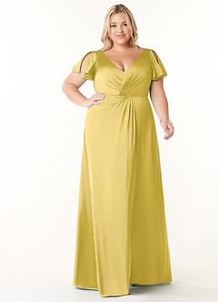 Azazie Soren Bridesmaid Dresses Canary A-Line Pleated Stretch Satin Dress image8