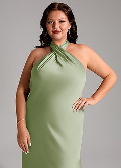 Azazie Lorena Bridesmaid Dresses Dusty Sage Mermaid Pleated Stretch Satin Dress image12
