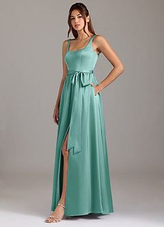 Azazie Elliott Bridesmaid Dresses Aqua A-Line with Pockets Stretch Satin Dress image4