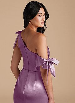 Azazie Xyla Bridesmaid Dresses Wisteria Sheath Off the Shoulder Metallic Satin Convertible Dress image3