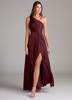 Azazie Brooke Vestidos de damas de honor Vestido de Cabernet de Satén Elástico de Corte en A con Hombro unilateral image3