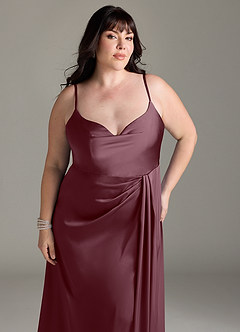 Azazie Brielle Bridesmaid Dresses Sangria A-Line Cowl Spaghetti Straps Stretch Satin Dress image11