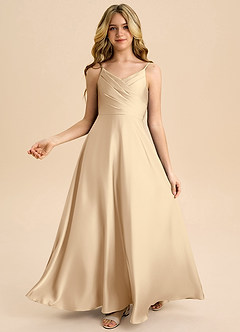 Azazie Bug Junior Linia A Pofałdowany Satyna elastyczna Długość podłogi Młodsza druhna Sukienka image1