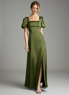 Azazie Fyona Bridesmaid Dresses Olive A-Line Pleated Stretch Satin Dress image1