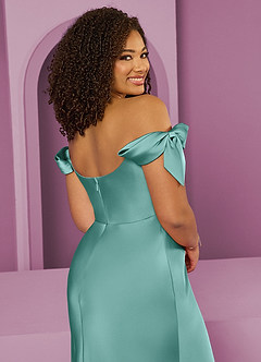 Barbie ♥ Azazie Bridesmaid Dresses Aqua Sheath Off the Shoulder Stretch Satin Convertible Dress image13