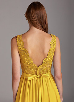 Azazie Elly Bridesmaid Dresses Marigold A-Line Lace Scoop Neck Chiffon Dress image4