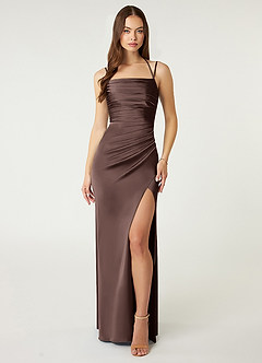 Azazie Desi Bridesmaid Dresses Ganache Sheath Halter Corset Stretch Satin Dress image1