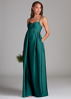 Azazie Llana Maternity Bridesmaid Dresses A-Line Stretch Satin Floor-Length Dress with Pockets image3