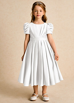 Azazie Miriam Blumenmädchenkleider Ballkleid Plissee Matte Satin Kleid Weiß image4