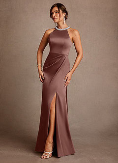 Azazie Lawrence Mother of the Bride Dresses Espresso A-Line Pleated Stretch Satin Dress image2