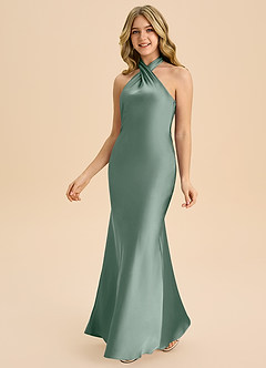 Azazie Chickie Junior Silver Sage Sheath Pleated Stretch Satin Dress image5