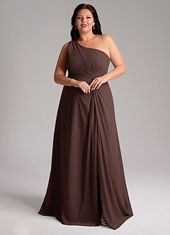 Azazie Brooke 신부 들러리 드레스 A라인 한쪽 어깨 쉬폰 바닥 길이 드레스 image10