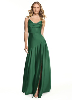 Azazie Kayla Vestidos de damas de honor Vestido de Verde Oscuro de Satén Elástico de Corte Recto con Corte Lateral image1