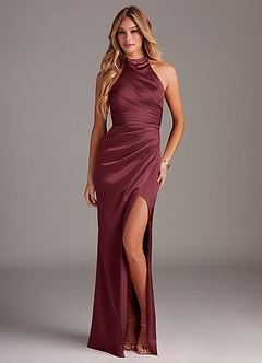 Azazie Jemma Robes de demoiselle d'honneur Robe Fourreau en Satin extensible Plissée Merlot image4