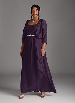 Azazie Ainsling Mother of the Bride Dresses Plum A-Line Square Neckline Lace Chiffon Dress image14