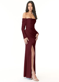 Azazie Hallie Bridesmaid Dresses Cabernet Sheath Off-The-Shoulder Long Sleeve Stretch Satin Convertible Dress image5