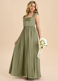 Azazie Hattie Junior Abito A-Line in Raso Elasticizzato Plissettato Pistacchio image6