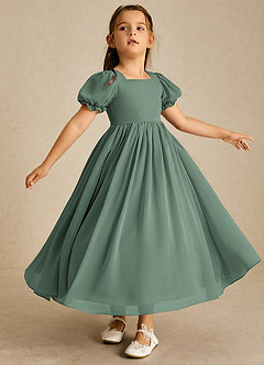 Azazie Joss Flower Girl Dresses Eucalyptus A-Line with Sleeves Chiffon Dress image3