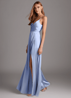 Azazie Calissa Vestidos de damas de honor Vestido de Hielo de Satén Elástico de Corte en A con Cuello en V Plisado image4